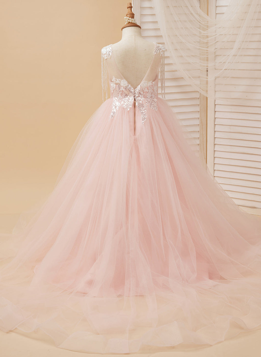 Vestido de princesa/vestido largo de tul satinado rosa para niña de las flores 