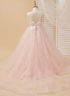 Vestido de princesa/vestido largo de tul satinado rosa para niña de las flores 