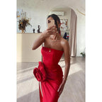 Robe de soirée longue en satin froncé à fleurs, sans bretelles, sans manches 