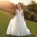 Robes de mariée Pastrol pour femme, manches longues, dos illusion, décolleté rond, appliques, coupe trapèze, tulle, vestidos de novia 