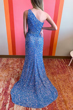 Mermaid One Shoulder Blue Sequins Long Prom Dress with Split Front