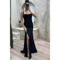 Vestido de fiesta largo con tirantes finos y cuentas, con abertura en la espalda 