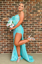 Purple Spaghetti Straps Appliques Prom Dress with Slit