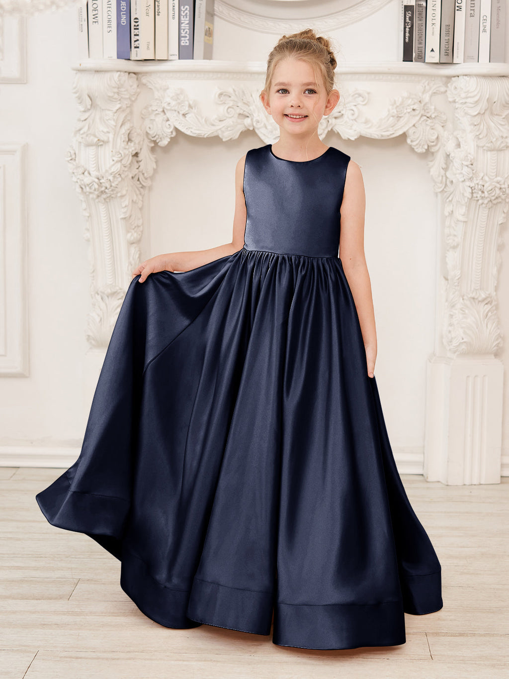Vestido de niña de las flores de corte A, de satén y encaje, hasta el suelo 