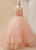 Vestido de princesa rosa para niña de las flores, estilo gala/con cola de tul. 