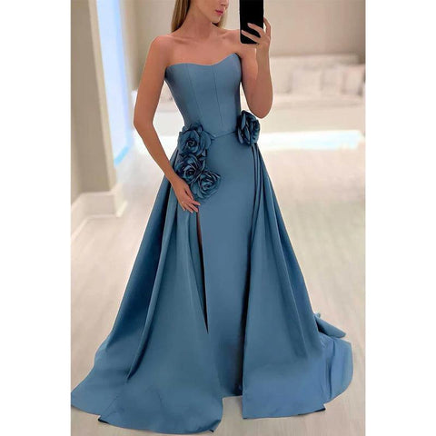 Satin A-line Sweetheart Floral Embossed with Slit Party Prom Evening Dress