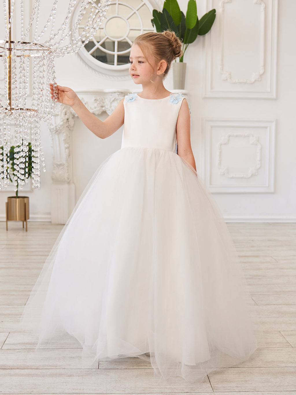 Vestido de princesa/de princesa con flores 3D de tul hasta el suelo, color marfil, para niña de las flores 