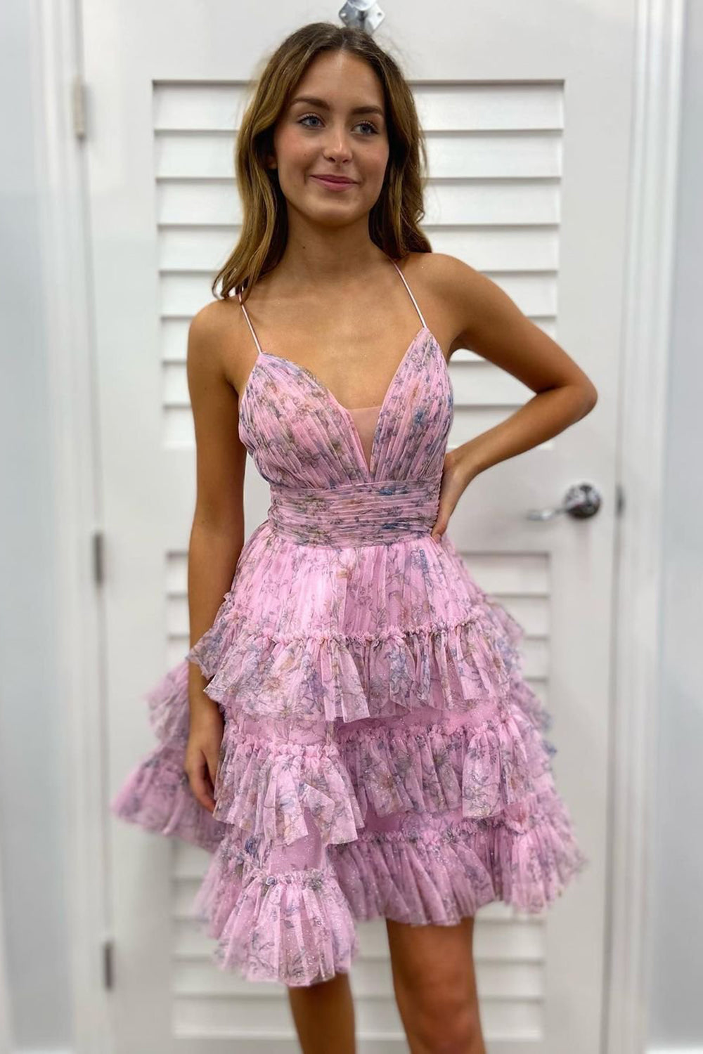 Gorgeous A Line Spaghetti Straps Pink Floral Printed Short Homecoming Dress