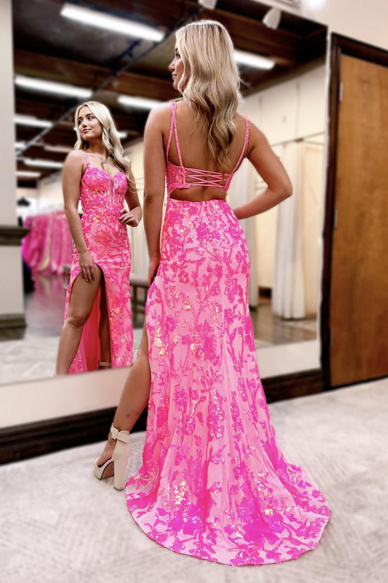 Vestidos de fiesta de sirena con encaje y lentejuelas, escote corazón y abertura