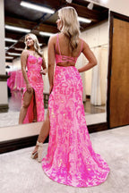 Vestidos de fiesta de sirena con encaje y lentejuelas, escote corazón y abertura
