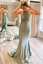 Mermaid Deep V Neck Light Green Long Bridesmaid Dress with Open Back