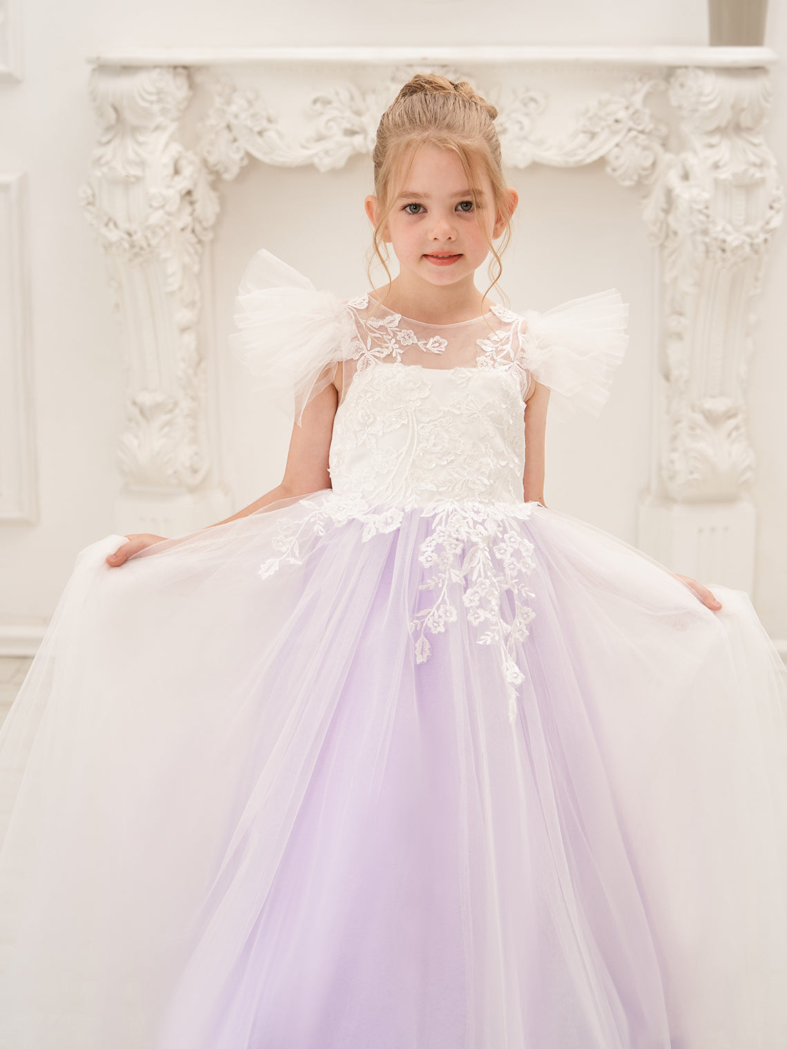 Vestido de niña de las flores con cola de tul y encaje desmontable