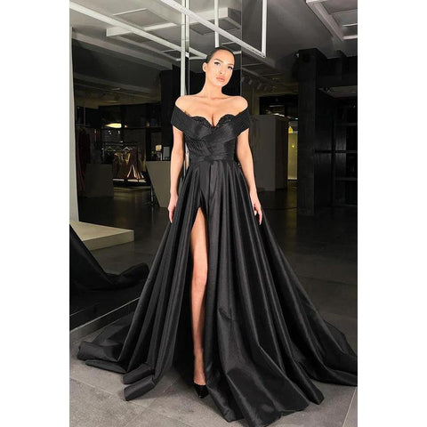 Robe de bal longue trapèze froncée à paillettes et épaules dénudées