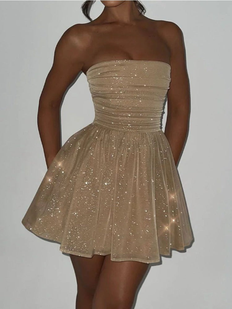 Vestido de noche TARUXY con lentejuelas brillantes para mujer, estilo minivestido ajustado con volantes y hombros descubiertos, ideal para fiestas. Incluye lazo, vendaje y espalda descubierta. 