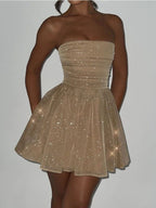 Vestido de noche TARUXY con lentejuelas brillantes para mujer, estilo minivestido ajustado con volantes y hombros descubiertos, ideal para fiestas. Incluye lazo, vendaje y espalda descubierta. 