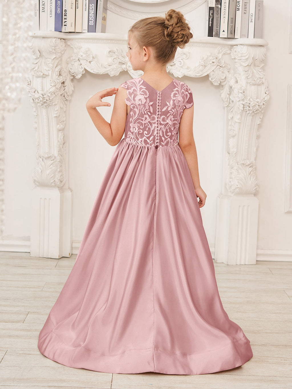 Vestido de niña de las flores de corte A, de satén y encaje, hasta el suelo 