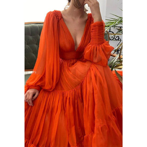 Robe de soirée trapèze sexy à col en V profond et manches longues en tulle orange 