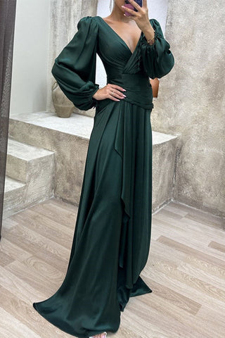 Vestidos de noche elegantes, formales, lisos, con escote en V y pliegue (3 colores)