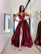 Split Front A-line Spaghetti Straps Burgundy Prom Dress