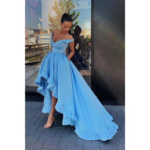 Sky Blue Satin V-neck High Low Long Prom Dress with Pockets