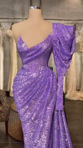 Robe de bal longue à sequins violet clair, manches amovibles, robe de soirée charmante Y711