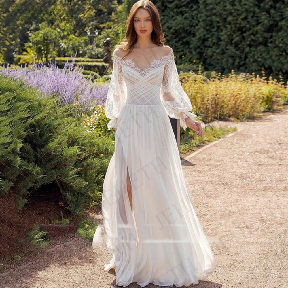 Wedding Dresses Boho Beach Lace Long Sleeves Split Vestidos De Novia Elegant Bohemian Bridal Gown Chiffon Illusion O Neck