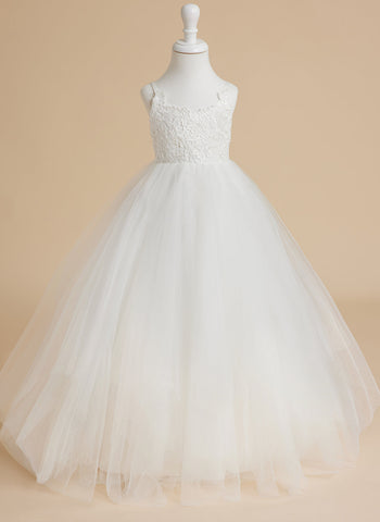Ball-Gown/Princess Lace Tulle Floor-length White Dress (010145213)