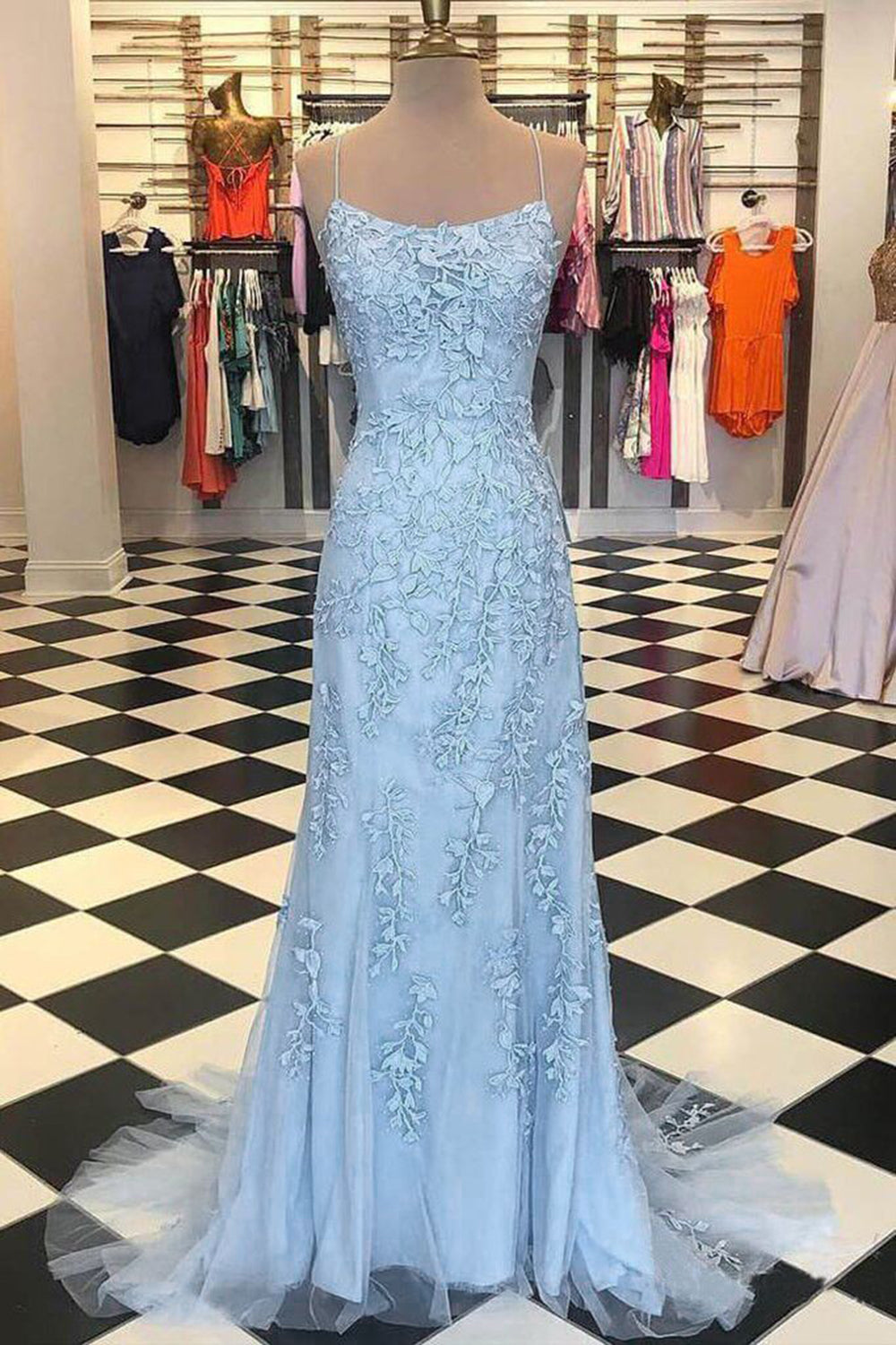 Spaghetti Straps Backless Appliques Prom Dress