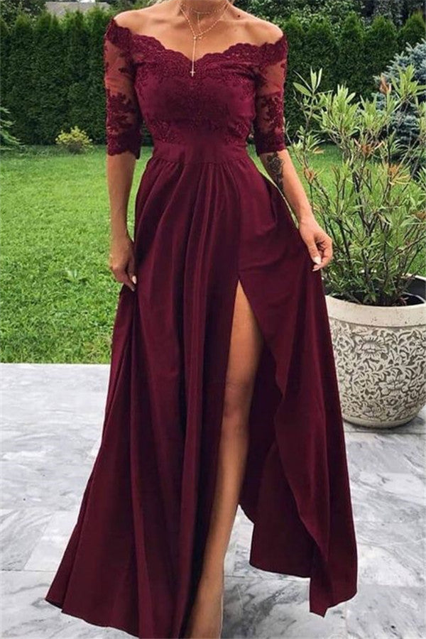 Robe de bal longue bordeaux en dentelle à manches courtes et fente