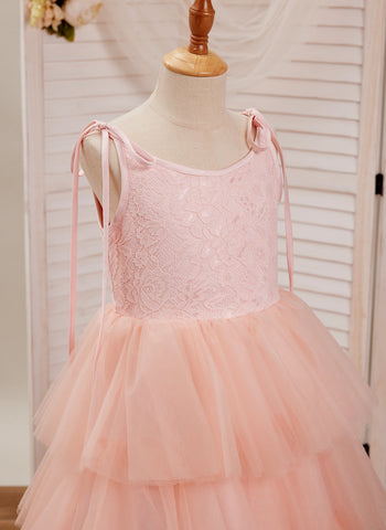 Robe longue rose en tulle et dentelle, coupe trapèze (010220942) 
