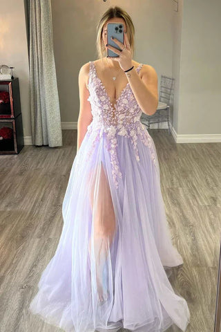 Charming A Line Deep V Neck Light Purple Long Prom Dress with Appliques