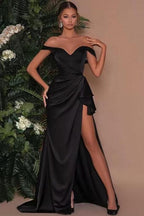 Robe de soirée longue en satin noir sexy à épaules dénudées et fente latérale