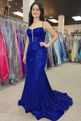 Spaghetti Straps Sequins Mermaid Long Corset Prom Dress with Slit