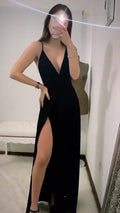 Vestido de fiesta negro sexy con escote en V y tirantes finos, corte en A, modelo Y712