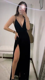 Vestido de fiesta negro sexy con escote en V y tirantes finos, corte en A, modelo Y712