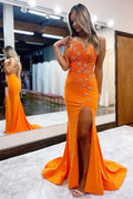 Vestido de fiesta de sirena de un solo hombro con cuentas y bordado de jersey.