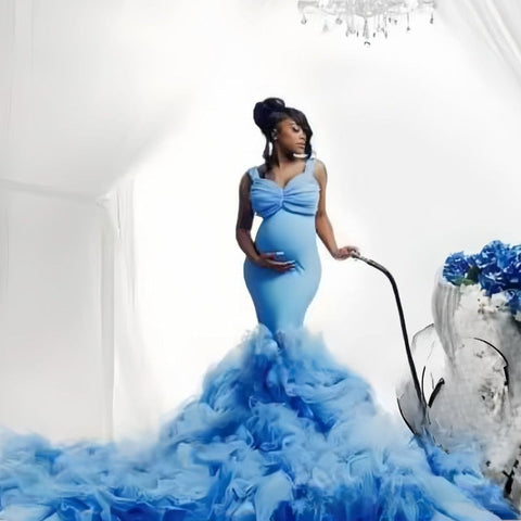Vestido de maternidad con cintura de tul suave, corte sirena y elástico, ideal para fotos de mujeres embarazadas con barriga grande.