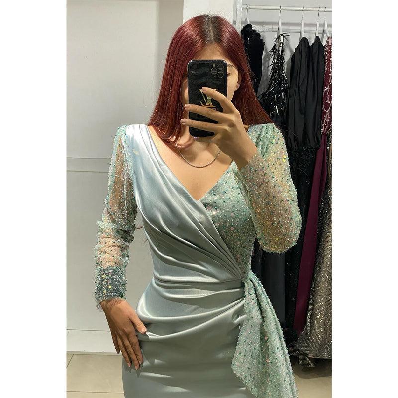 Vestido de noche largo formal con lentejuelas y escote en V sexy y mangas largas