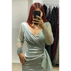 Vestido de noche largo formal con lentejuelas y escote en V sexy y mangas largas