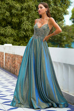Grey Glitter Spaghetti Straps Long Prom Dress