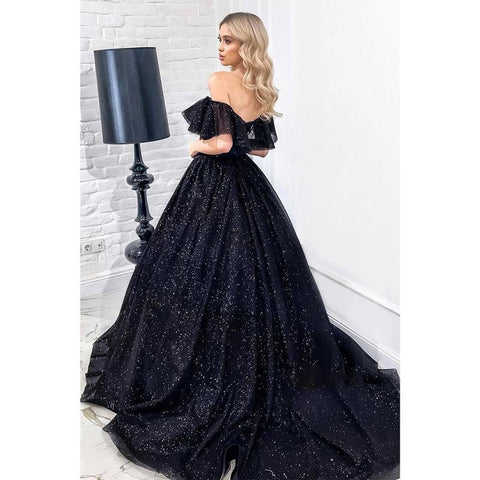 Unique Off The Shoulder Black Sparkly Prom Ball Gown
