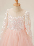 Vestidos de niña de las flores de corte A, manga larga, encaje y tul, color rosa (2003227575) 