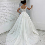 Princess Lace Tulle A Line Wedding Dress Sweetheart Cap Sleeve 3D Appliques Boho Bridal Gowns For Woman Button Vestidos De Novia