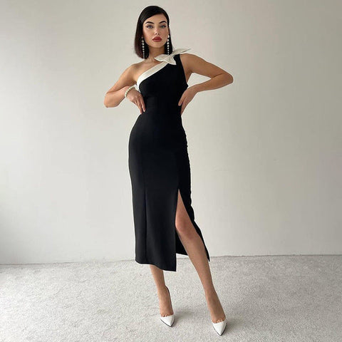 TARUXY Bow Skew Collar Sexy Split Maxi Dress Women's Contrast Color Sleeveless Elegant Club Evening Dress Splice Fashion Outfits