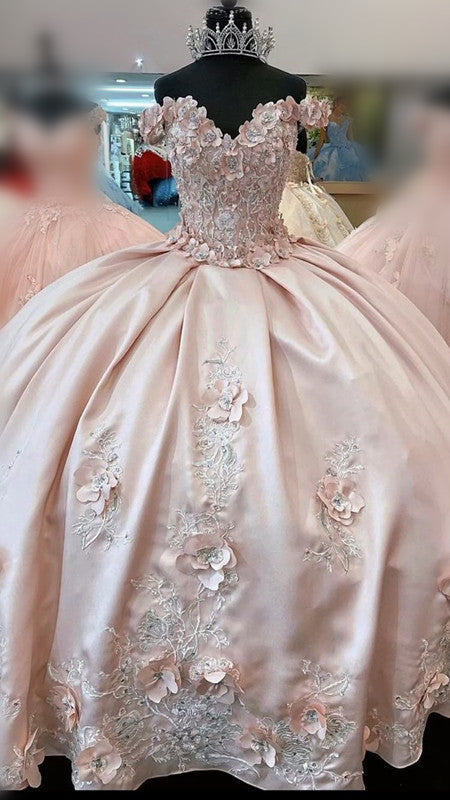 Vestido de quinceañera rosa con hombros descubiertos y flores 3D, vestido rosa para dulces 16 años Y714