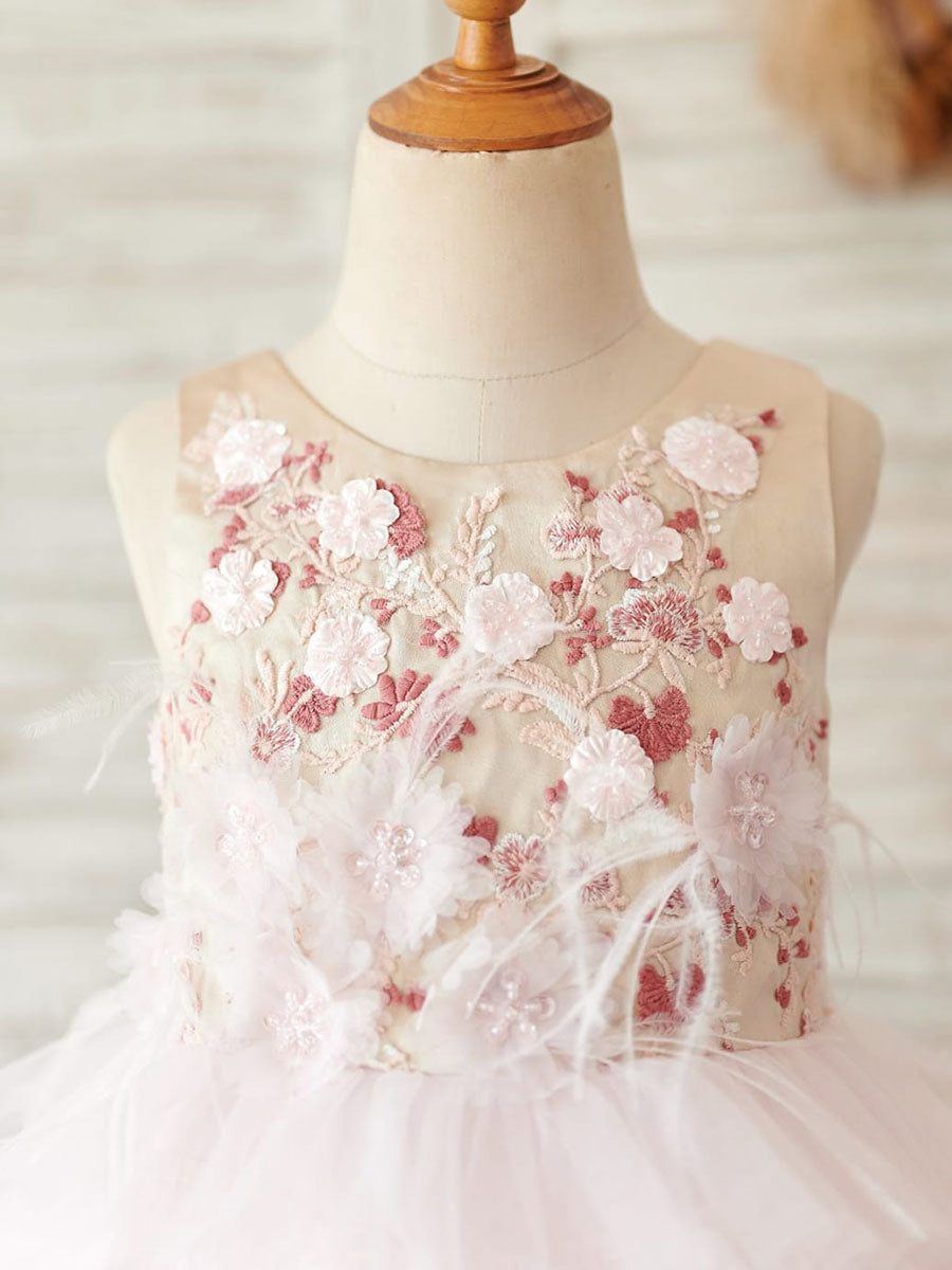 Vestido de princesa/vestido de princesa de satén y tul rosa hasta la rodilla para niña de las flores 