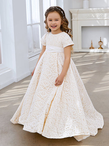 A-line Lace Sweep Train Ivory Dress (010146744)