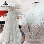 Vestido de novia bohemio color rubor, corte A, tirantes finos, encaje, tul, escote en V, sin mangas, espalda abierta