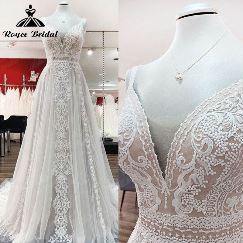 Vestido de novia bohemio color rubor, corte A, tirantes finos, encaje, tul, escote en V, sin mangas, espalda abierta