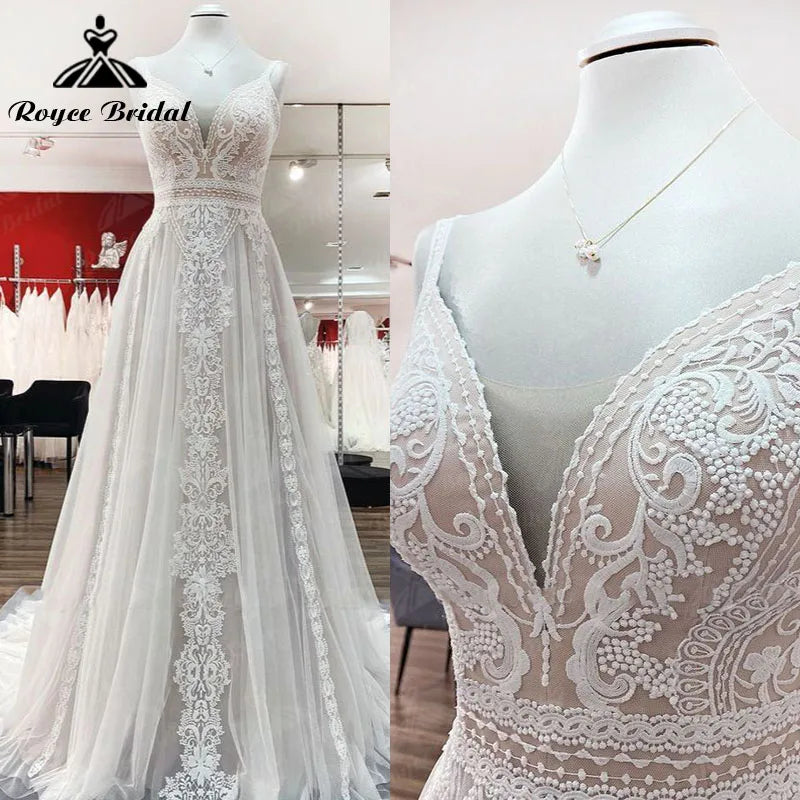 Robe de mariée style bohème rose blush, coupe trapèze, bretelles spaghetti, dos nu, style ROY025